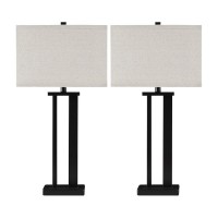 Benjara Metal Frame Table Lamp With Hardback Shade, Set Of 2, Off White And Bronze