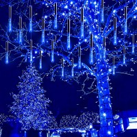 Kwaiffeo Christmas Lights, Meteor Shower Lights 12 Inch 8 Tube Rain Falling Icicle Cascading Lights For Xmas Tree Halloween Decoration Wedding Party, Christmas Decorations Outdoor Yard, Ul Plug Blue