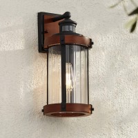 John Timberland Utley Industrial Outdoor Wall Light Fixture Dark Wood Finish Black 15 1/2