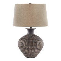 Benjara Metal Table Lamp With Bellied Embossed Vertical Lines Base, Bronze