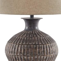 Benjara Metal Table Lamp With Bellied Embossed Vertical Lines Base, Bronze