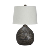 Benjara Pot Bellied Base Metal Table Lamp With Dotted Pattern, Black