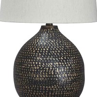 Benjara Pot Bellied Base Metal Table Lamp With Dotted Pattern, Black