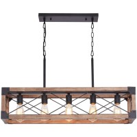 Bribyit Farmhouse Kitchen Island Lighting, 5-Light Dining Room Light Fixture, Farmhouse Linear Chandelier With Solid Wood For Dining Room Kitchen Bar Pool Table