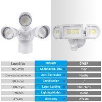 Leonlite Cob Led Security Lights Motion Sensor, Aluminum Flood Lights Outdoor, 3 Modes Motion Detector+Dusk To Dawn+Switch Control, 100-277V, Adjustable 3-Head, Ip65, Etl, 3000K Warm White, White