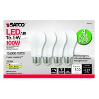 Satco 15.5W 120V A19 Led E26 Medium Base 1600 Lumens 3000K (4 Led Light Bulbs)