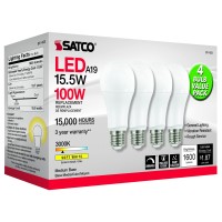 Satco 15.5W 120V A19 Led E26 Medium Base 1600 Lumens 3000K (4 Led Light Bulbs)