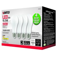 Satco 15.5W 120V A19 Led E26 Medium Base 1600 Lumens 3000K (4 Led Light Bulbs)