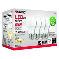 Satco 4.17 Inch 9.5W A19 Led Medium Base Replacement Lamp (Pack Of 4)-3000 Color Temperature-Frosted Finish