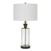 150W 3 Way Sherwood Glass Table Lamp With Wood Font And Hardback Fabric Drum Shade Glassdark Bronze