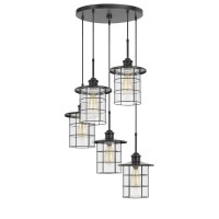 Add an industrial touch to your space with this lantern style hanging five llight pendant combo It features a smoth satin dark bronze finish with glass shade shades This pendant set includes six feet of cord and mounting hardware