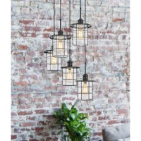 Add an industrial touch to your space with this lantern style hanging five llight pendant combo It features a smoth satin dark bronze finish with glass shade shades This pendant set includes six feet of cord and mounting hardware