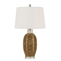 Update your dcor with this retro style ceramic table lamp It features a classic oval silhouette brown floral mosaic pattern and round brushed steel base A round hardbac fabric shade and matching finial complete the look