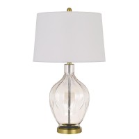 Illuminate your space with this concave patterned clear glass table lamp It features a wide bottom diamond silhouette circular platform and it is topped with a white fabric hardback shadeAll contents ship securely in one box