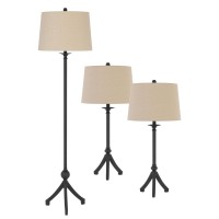 This coordinating contemporary style candlestick lamp set is a great addition to your home of office It features a matte iron metal finish lamp set with tripod style feet Set inlcudes one floor lamp and two matching table lampsThis sets slender constructi