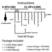 Led Icicle Christmas Lights Outdoor/Indoor 42.6Ft(32.8Ft+9.8Ft) 60 Drops With 300 Led, 8 Lighting Modes, Connectable Icicle Lights, For Christmas Garden Wedding Party Patio Eave Decorations - Warm