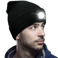 Unisex Beanie Hat With Light, Usb Rechargeable Led Headlamp Beanie, Gifts For Dad Father Men Husband Warm Knitted Cap Black