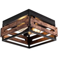 Mayna 2Light Farmhouse Flush Mount Ceiling Light Rustic Ceiling Light Metal And Wood Square Dining Room Light Fixture For Hal