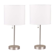 Infuse contemporary elegance in your home with this stylish and functional Table Lamp available in a set of 2 Incorporating a fabric drum shade in the hue of white it comes with an aluminum pull chain The brushed nickel stainless steel base with tube prov