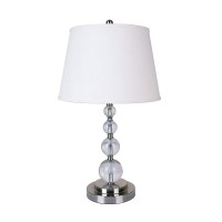 Glorify your furnishing with the inclusion of this contemporary style Table Lamp Incorporating a drum shape fabric shade in the hue of white it is supported on a round steel base complemented with ascending faux crystal orb accents With its appealing aest