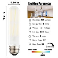 Dimmable T10 Frosted Led Bulbs,6W Led Tubular Edison Bulbs 60 Watt Equivalent,600Lm,Daylight 4000K,E26 Medium Base Lamp Bulb For Desk Lamp, Pendant Lights,Cabinet Display Cabinet Etc. (6-Pack)