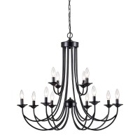 Maxax Farmhouse Chandelier 12 Lights Rustic Industrial Wrought Iron Pendant Light Candle Metal 2-Tier French Country Hanging Fixtures For Foyer Kitchen Island Living Room, Black