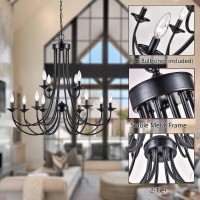 Maxax Farmhouse Chandelier 12 Lights Rustic Industrial Wrought Iron Pendant Light Candle Metal 2-Tier French Country Hanging Fixtures For Foyer Kitchen Island Living Room, Black