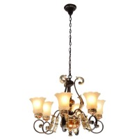 The Regallo Chandelier is a 275 Diameter X 23 Tall It features 6 arms with frosted Tulip shaped glass shades The chandelier is UL Listed and uses 6 25 watt E2627 standard socket bulbs Chandelier comes fully assembled in box The chandelier is made in Iron 