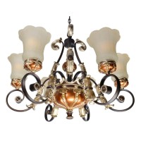 The Regallo Chandelier is a 275 Diameter X 23 Tall It features 6 arms with frosted Tulip shaped glass shades The chandelier is UL Listed and uses 6 25 watt E2627 standard socket bulbs Chandelier comes fully assembled in box The chandelier is made in Iron 