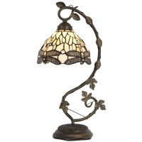 Werfactory Tiffany Lamp Amber Stained Glass Dragonfly Table Lamp Desk Reading Light Metal Leaf Base Decor Small Space Bedroom H