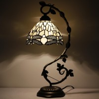 Werfactory Tiffany Lamp Amber Stained Glass Dragonfly Table Lamp Desk Reading Light Metal Leaf Base Decor Small Space Bedroom H