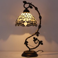 Werfactory Tiffany Lamp Amber Stained Glass Dragonfly Table Lamp Desk Reading Light Metal Leaf Base Decor Small Space Bedroom H