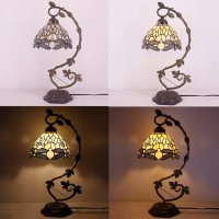 Werfactory Tiffany Lamp Amber Stained Glass Dragonfly Table Lamp Desk Reading Light Metal Leaf Base Decor Small Space Bedroom H