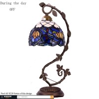 Werfactory Tiffany Table Lamp Blue Stained Glass Lotus Style Desk Reading Light With Metal Leaf Base 8X10X21 Inches Decor Small Space Bedroom Home Office S220 Series