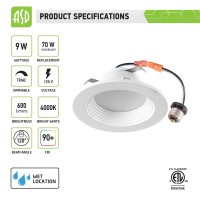 Asd 4 Inch Led Recessed Lights Led Can Lights 9W 70W Replacement 600 Lm Wet Rated Dimmable Ceiling Led Lights 4000K Bright