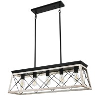 Luupyia Farmhouse Rectangular Chandelier Rustic, 5-Lights Kitchen Island Lighting, Linear Island Light Fixture Farmhouse Pendant Lighting Fixtures For Dining Room Pool Table Beige