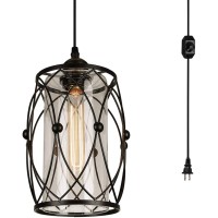 Vintage Industrial Pendant Light With Plug In Hanging Cord And Dimmer Switch, Farmhouse Cage Hanging Chandelier Swag Ceiling Lighting Fixture For Kitchen Island Dining Table Bedroom Entryway Hallway