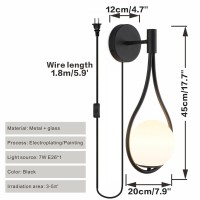 Kco Lighting Mid-Century Wall Sconce With On/Off Switch Industrial Wall Lamps Drop Design Wall Mounted Lamps For Bedside Living Room (Black Plug 1 Pack)