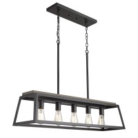 Eapudun 38-Inch 5-Light Kitchen Island Lighting, Farmhouse Linear Chandelier For Dining Room Pool Table Pendant Light Fixture, Matte Black And Wooden Finish, Pda1272-Fbdt