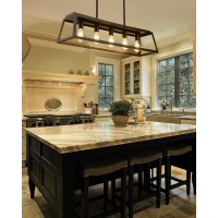 Eapudun 38-Inch 5-Light Kitchen Island Lighting, Farmhouse Linear Chandelier For Dining Room Pool Table Pendant Light Fixture, Matte Black And Wooden Finish, Pda1272-Fbdt