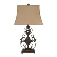 Benjara Bell Shape Fabric Shade Table Lamp With Floral Metal Base, Beige And Bronze