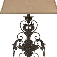 Benjara Bell Shape Fabric Shade Table Lamp With Floral Metal Base, Beige And Bronze