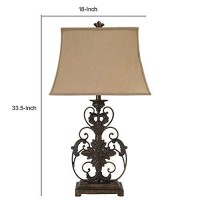 Benjara Bell Shape Fabric Shade Table Lamp With Floral Metal Base, Beige And Bronze