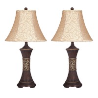 Benjara Bell Shape Fabric Shade Table Lamp With Ribbed Base, Set Of 2, Beige And Black