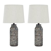 Fabric Shade Table Lamp With Textured Base, Set Of 2, White And Black