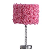 Benjara Bloom Roses Drum Shade Table Lamp With Twisted Acrylic Base, Pink