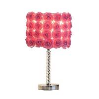 Benjara Bloom Roses Drum Shade Table Lamp With Twisted Acrylic Base, Pink