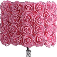 Benjara Bloom Roses Drum Shade Table Lamp With Twisted Acrylic Base, Pink