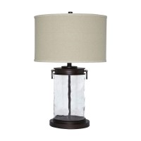 Benjara Drum Shade Table Lamp With Glass Insert Base, Bronze