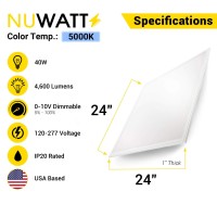 Nuwatt 2X2 Ft Led Panel Troffer Edge Lit Thin Flat (4 Pack) 40W 5000K 4600 Lumens, 120V-277V Ac/Dc, 0-10V Dimmable, Ul Dlc Listed, Drop Ceiling Lights